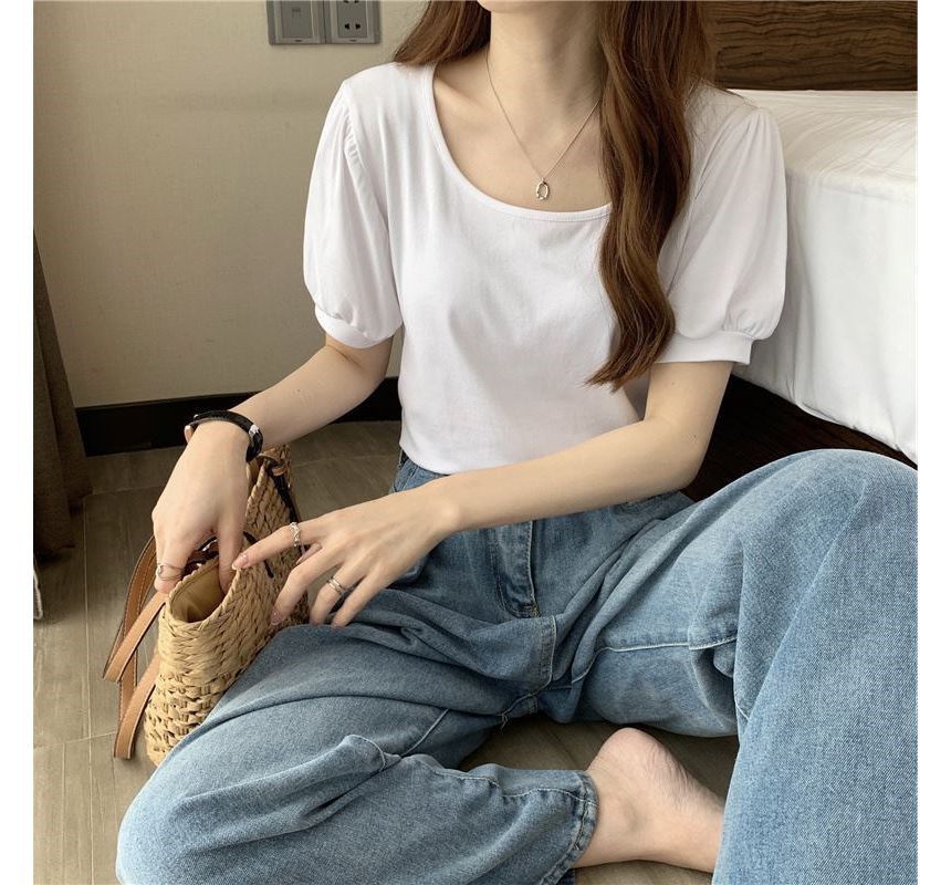 Puff-Sleeve Neck Scoop T-Shirt Plain