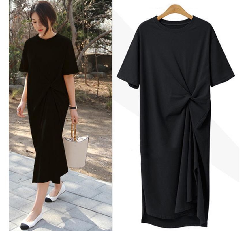 Plain T-Shirt Short-Sleeve Neck Crew Twist Midi Dress