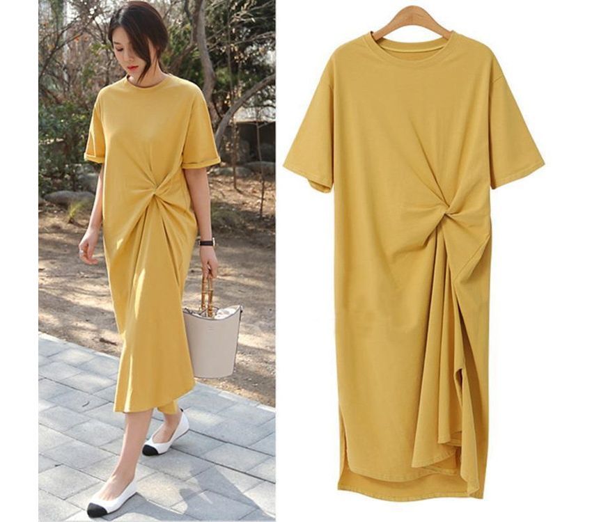 Plain T-Shirt Short-Sleeve Neck Crew Twist Midi Dress