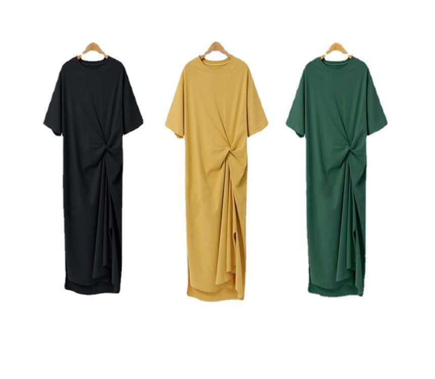 Plain T-Shirt Short-Sleeve Neck Crew Twist Midi Dress