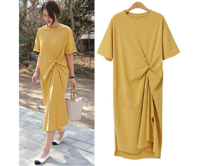 Plain T-Shirt Short-Sleeve Neck Crew Twist Midi Dress