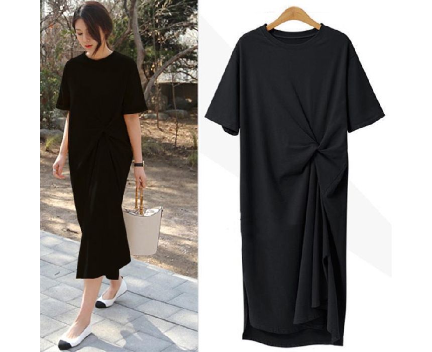 Plain T-Shirt Short-Sleeve Neck Crew Twist Midi Dress