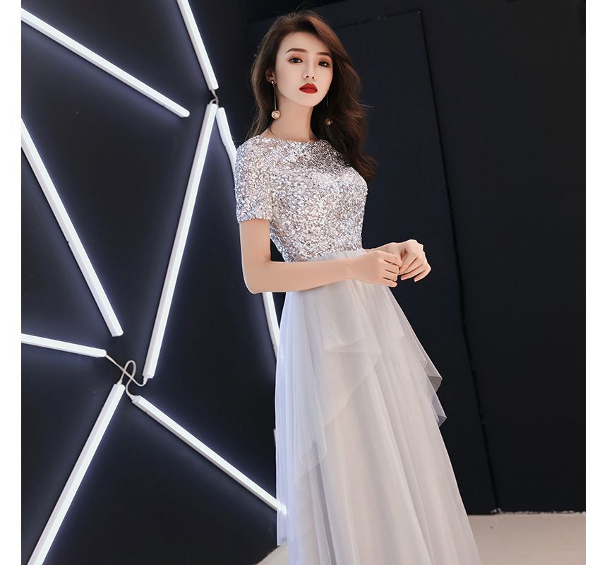 Mesh Evening Gown Short-Sleeve A-Line Sequined