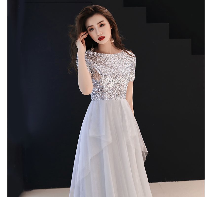 Mesh Evening Gown Short-Sleeve A-Line Sequined