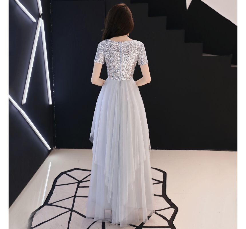 Mesh Evening Gown Short-Sleeve A-Line Sequined