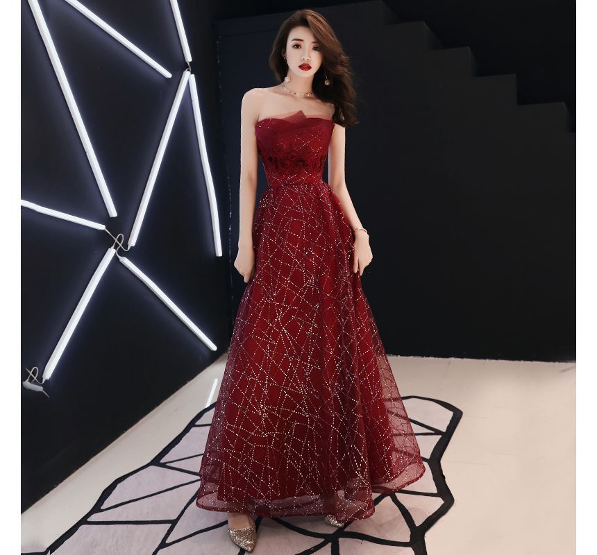 Strapless Mesh Floral Gown A-Line Rhinestone Evening