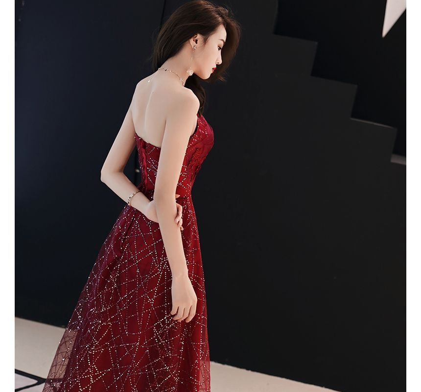 Strapless Mesh Floral Gown A-Line Rhinestone Evening