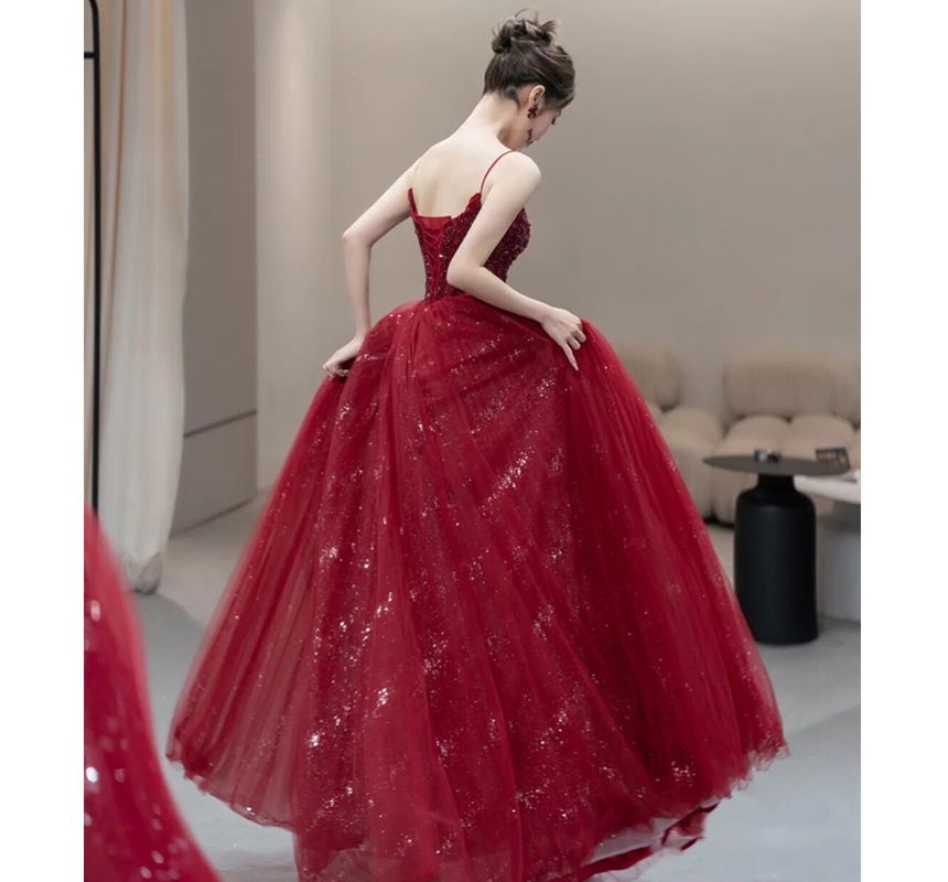 Sequined Gown Evening Spaghetti Mesh Strap A-Line