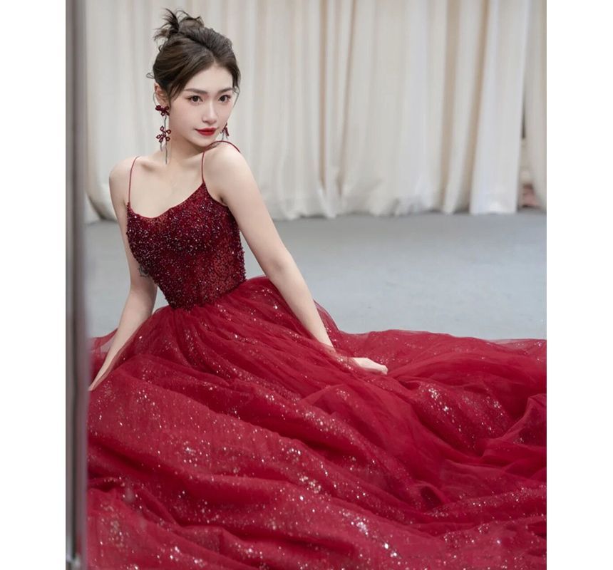 Sequined Gown Evening Spaghetti Mesh Strap A-Line