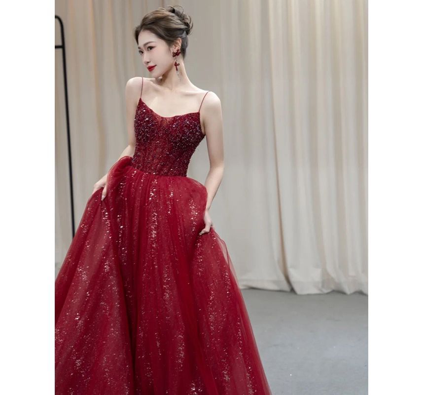 Sequined Gown Evening Spaghetti Mesh Strap A-Line