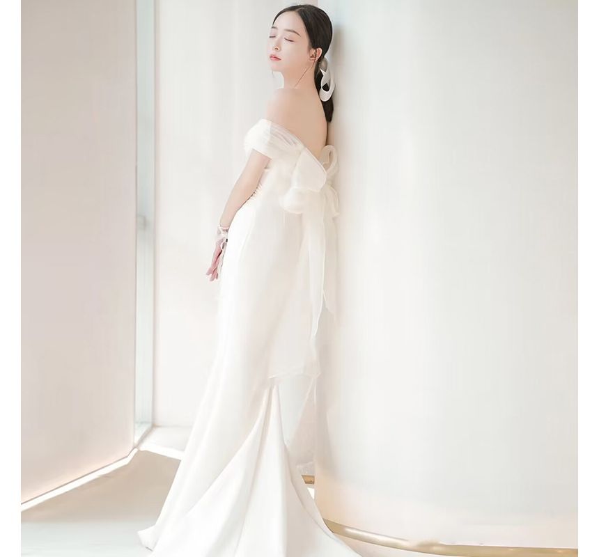 Mermaid Shoulder Short-Sleeve Gown Off Plain Panel Bow Ruched Mesh Wedding