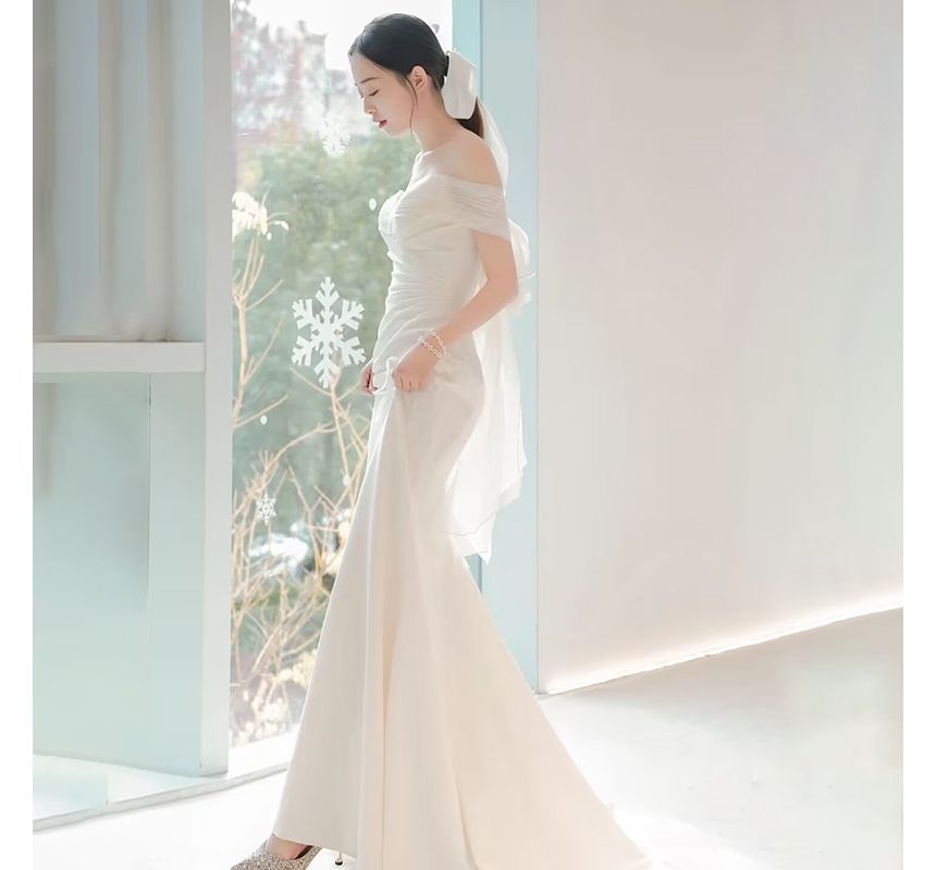 Mermaid Shoulder Short-Sleeve Gown Off Plain Panel Bow Ruched Mesh Wedding