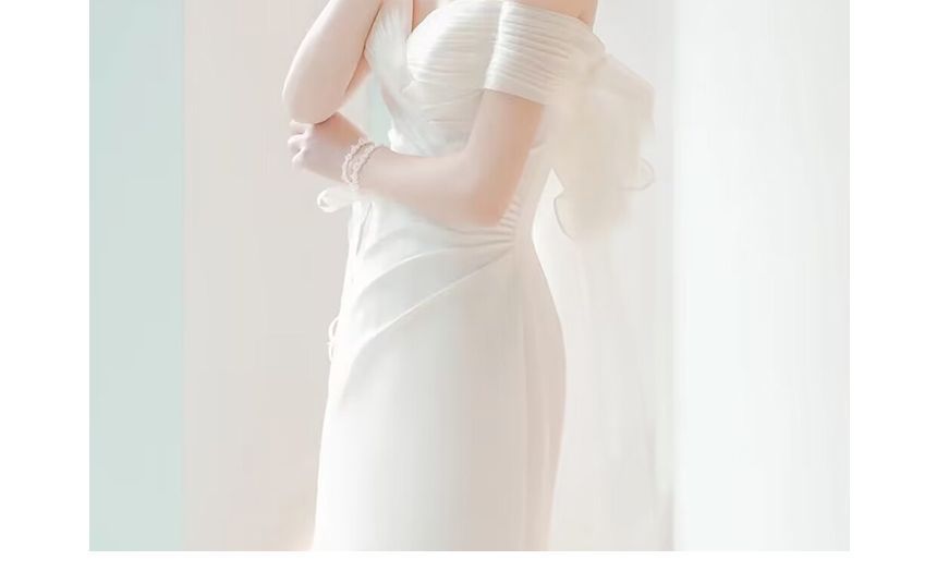 Mermaid Shoulder Short-Sleeve Gown Off Plain Panel Bow Ruched Mesh Wedding
