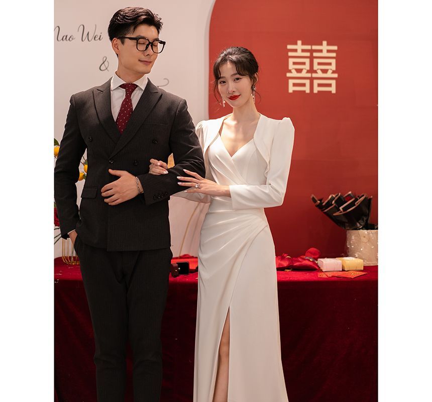 Gown Ruched Slit Set Plain A-Line / Bolero Wedding Strap V-Neck Spaghetti Wrap