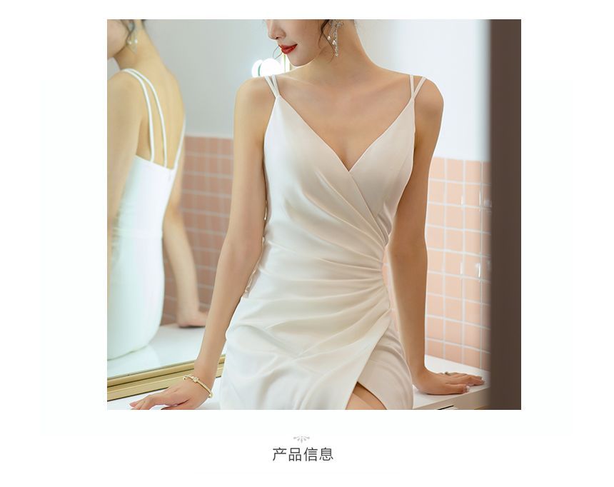 Gown Ruched Slit Set Plain A-Line / Bolero Wedding Strap V-Neck Spaghetti Wrap