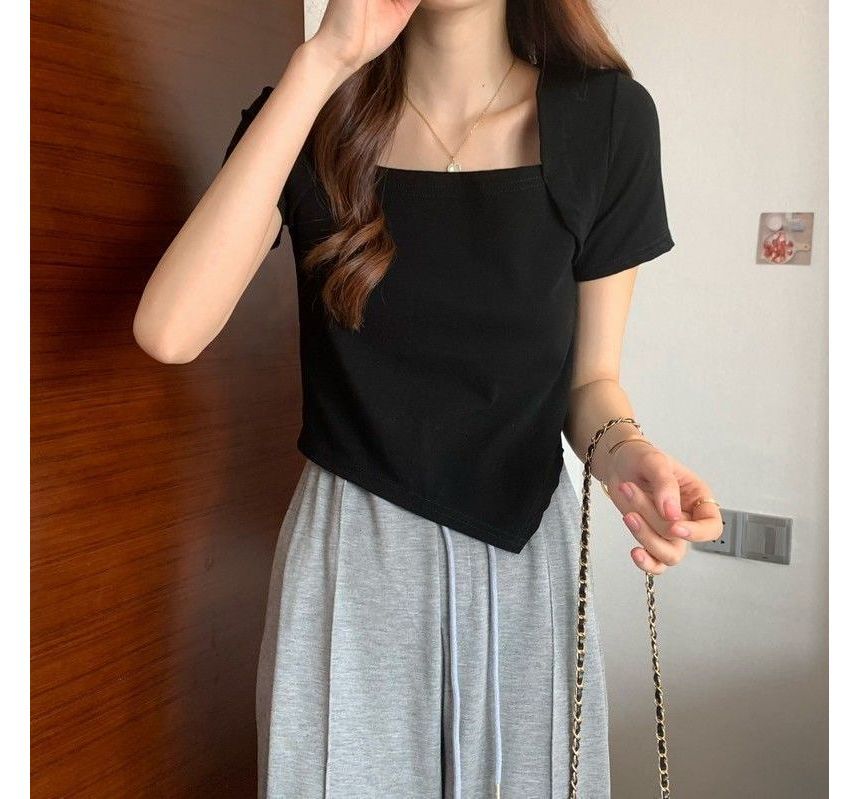 T-Shirt Square Cropped Neck Short-Sleeve Irregular