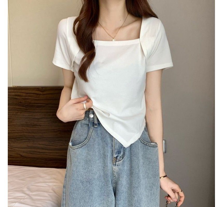 T-Shirt Square Cropped Neck Short-Sleeve Irregular