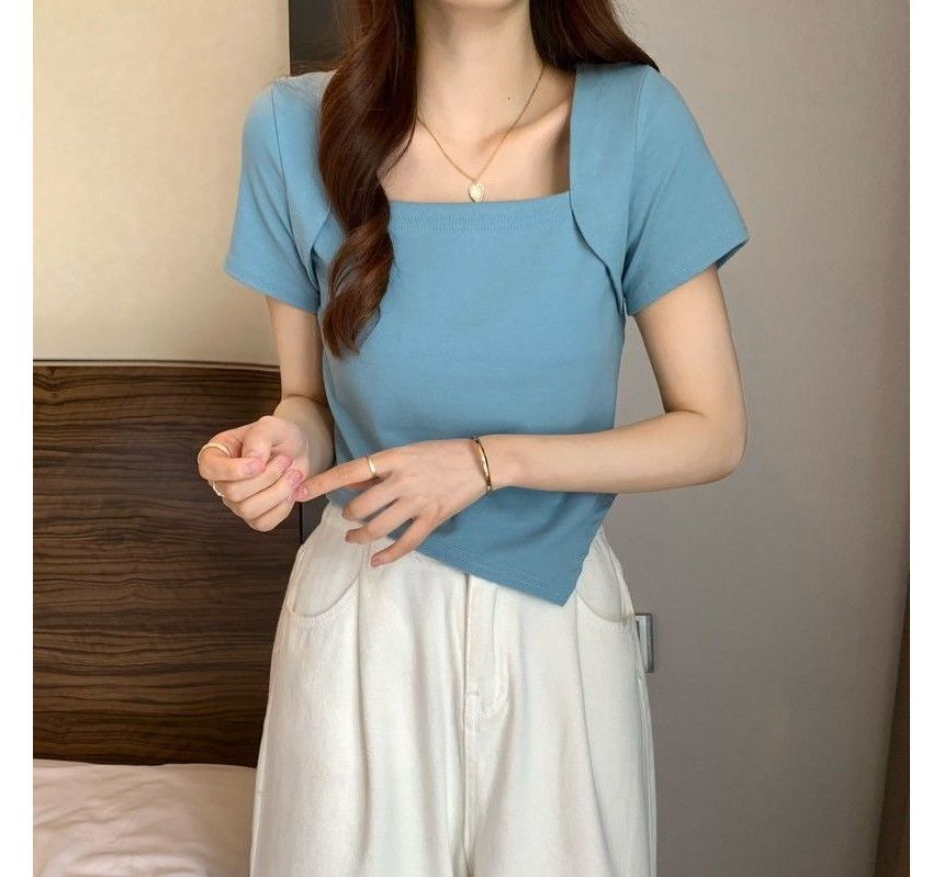T-Shirt Square Cropped Neck Short-Sleeve Irregular