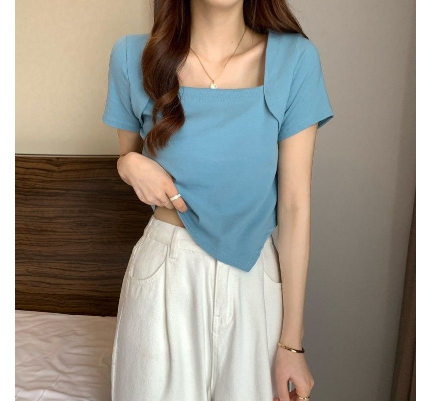 T-Shirt Square Cropped Neck Short-Sleeve Irregular