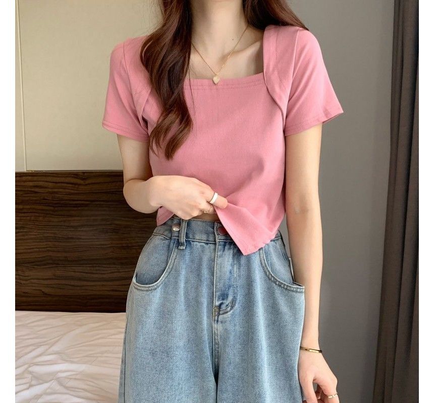T-Shirt Square Cropped Neck Short-Sleeve Irregular