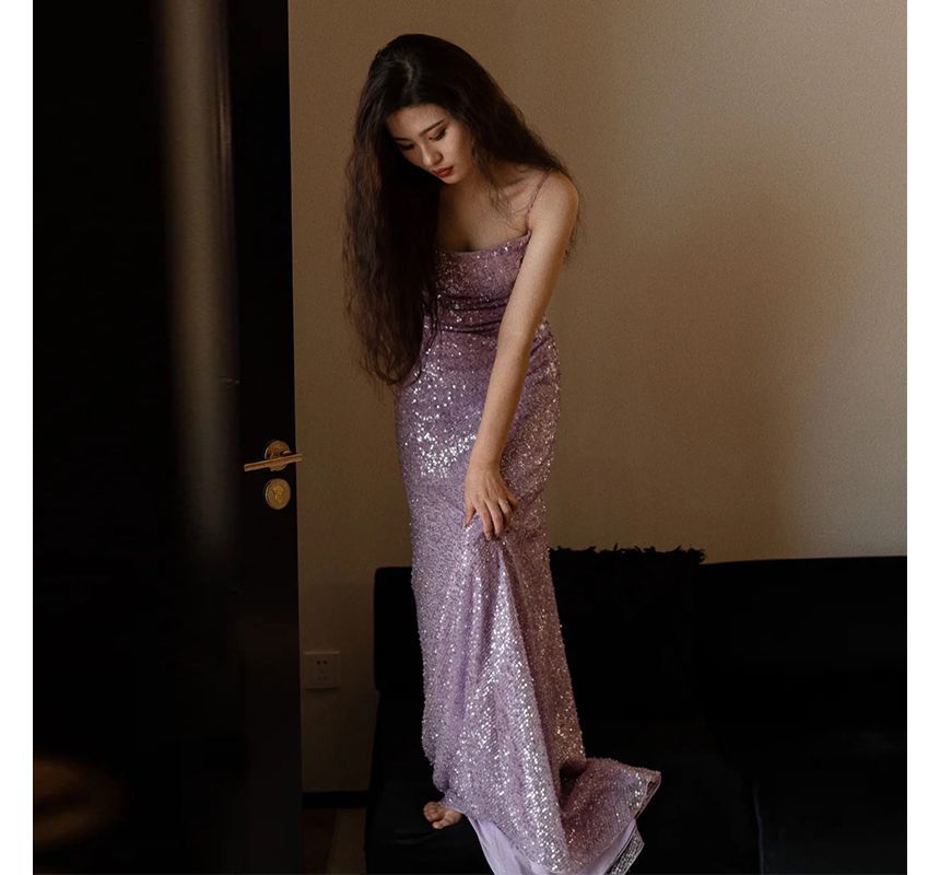 Spaghetti Plain Sheath Gown Strap Sequin Evening