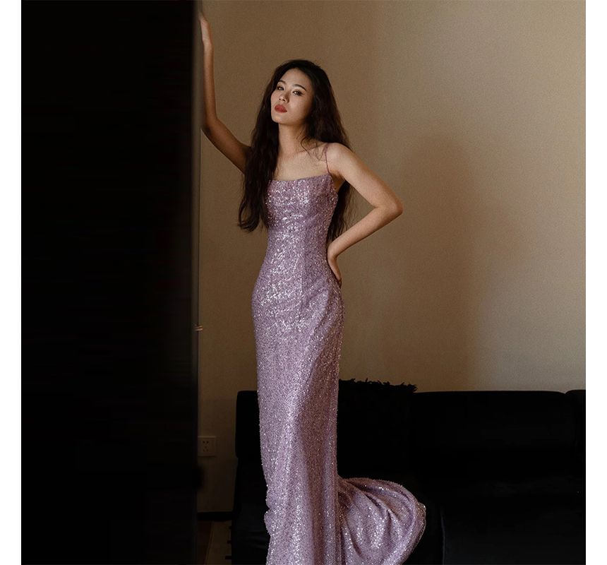 Spaghetti Strap Plain Sequin Sheath Evening Gown