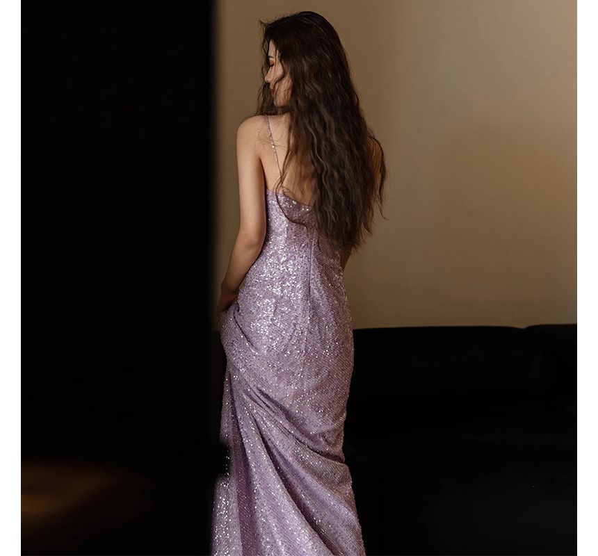Spaghetti Strap Plain Sequin Sheath Evening Gown