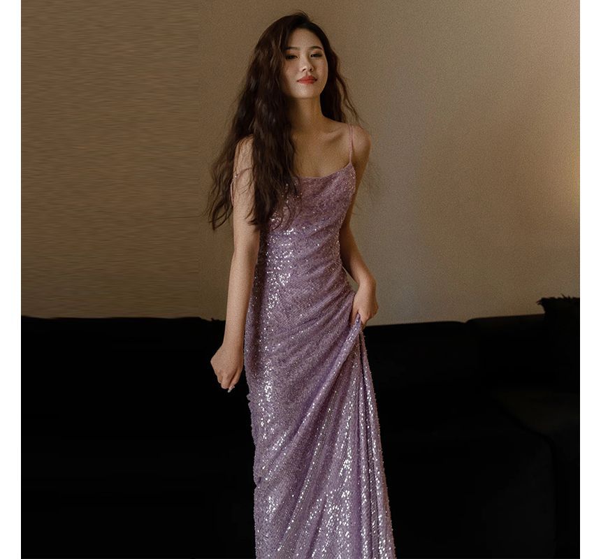 Spaghetti Strap Plain Sequin Sheath Evening Gown