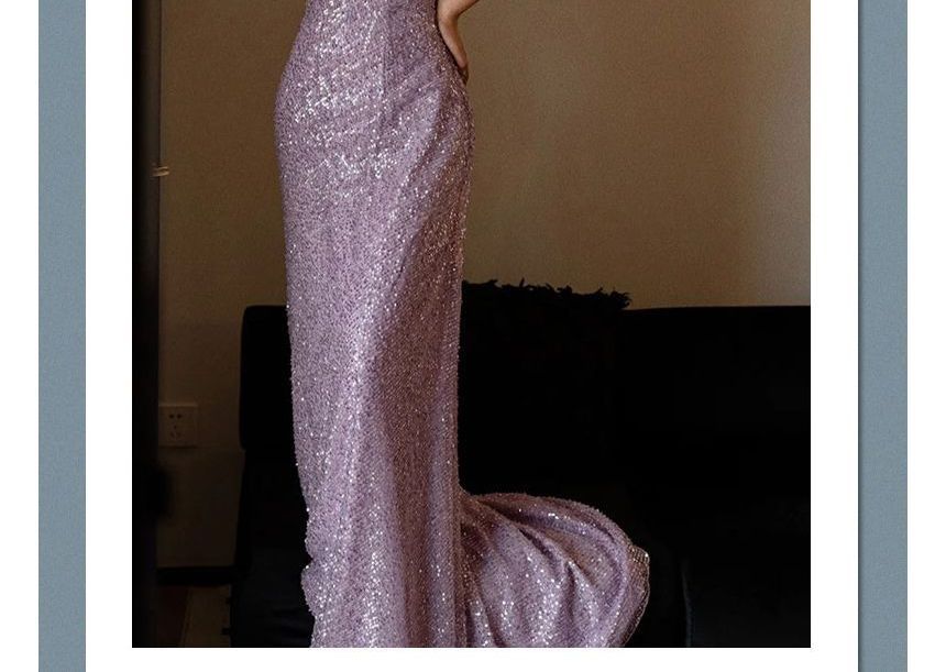 Spaghetti Plain Sheath Gown Strap Sequin Evening