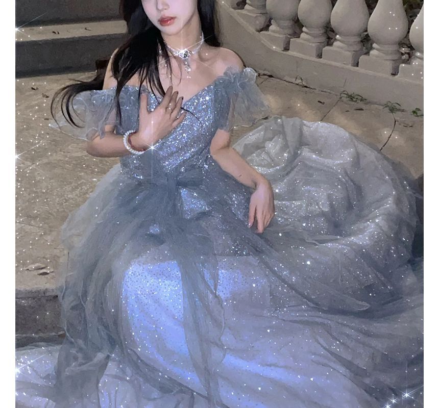 Off Short-Sleeve Mesh Panel Shoulder Gown Evening Glitter A-Line