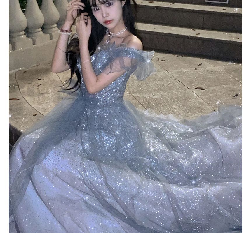 Off Short-Sleeve Mesh Panel Shoulder Gown Evening Glitter A-Line