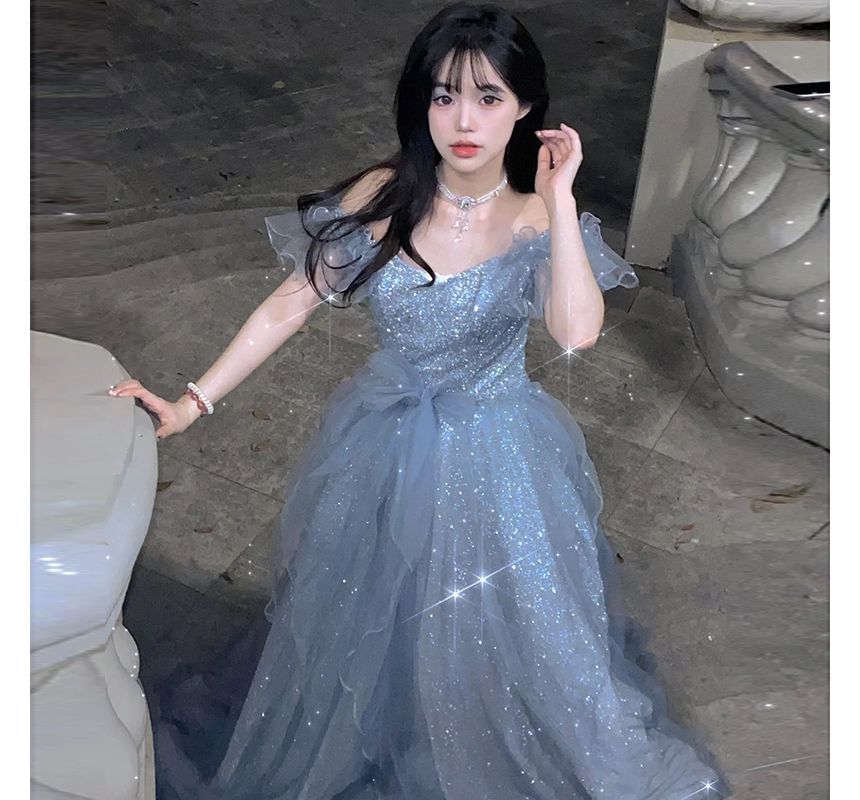 Off Short-Sleeve Mesh Panel Shoulder Gown Evening Glitter A-Line