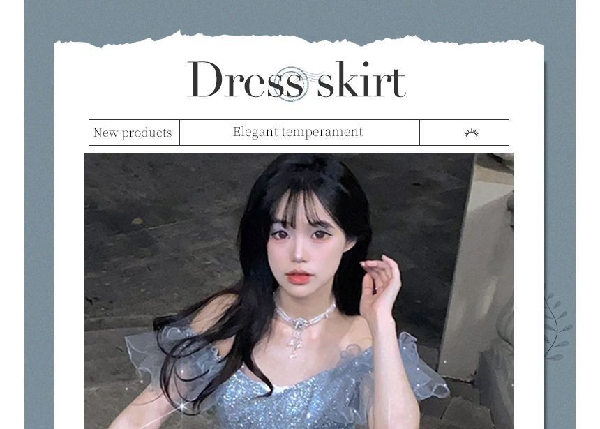 Off Short-Sleeve Mesh Panel Shoulder Gown Evening Glitter A-Line