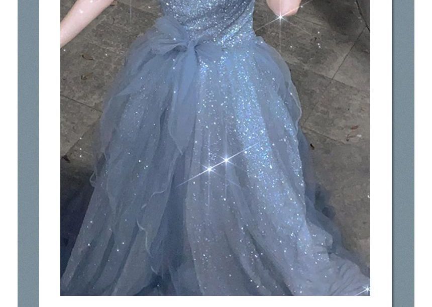 Off Short-Sleeve Mesh Panel Shoulder Gown Evening Glitter A-Line