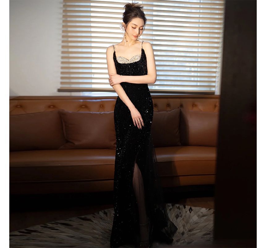 Spaghetti Strap Two Tone Sequin Panel Mesh Mermaid Evening Gown