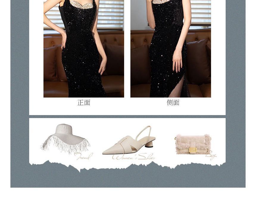 Strap Two Evening Sequin Mesh Mermaid Panel Spaghetti Gown Tone