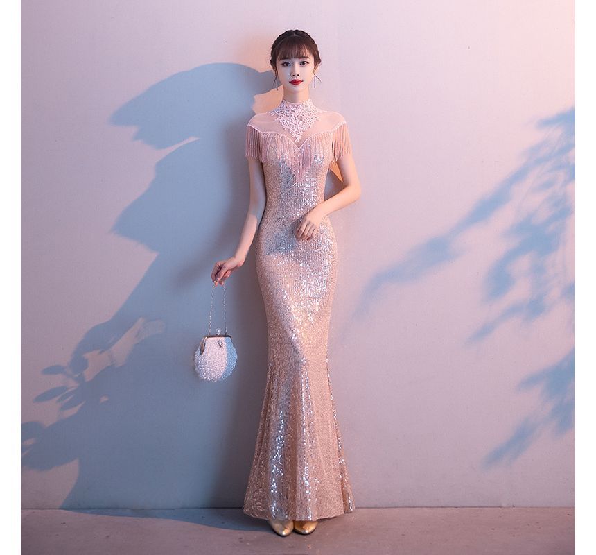 Mermaid Trim Glitter Evening Fringe Gown