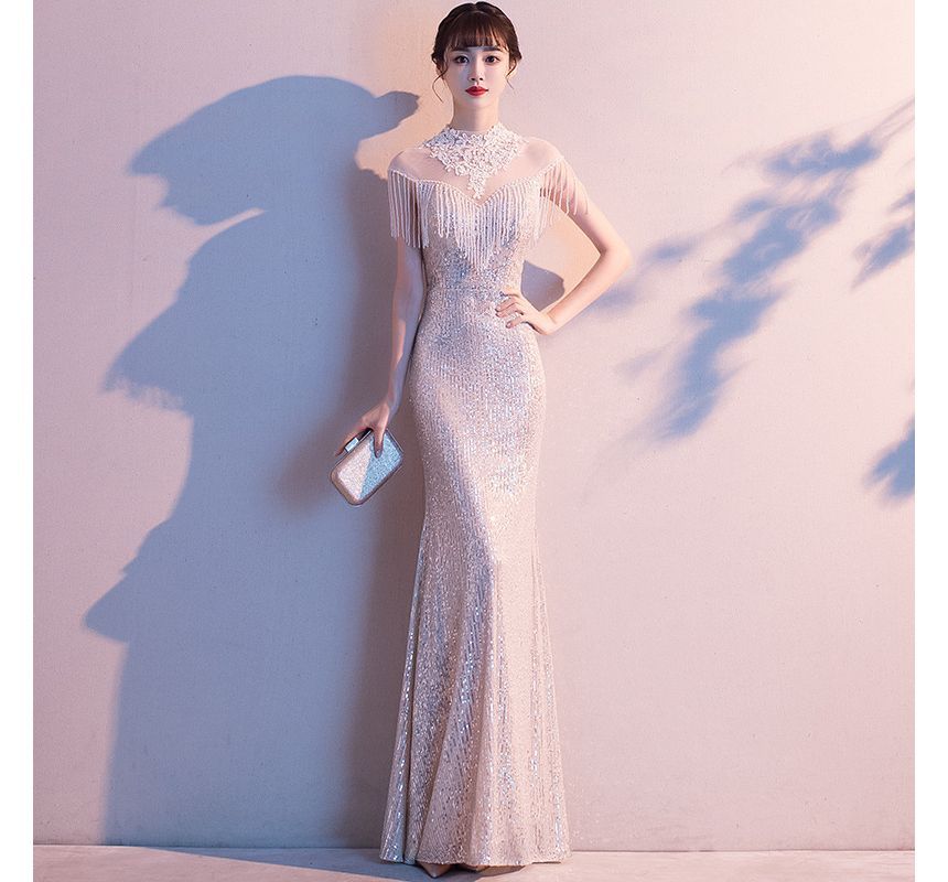 Mermaid Trim Glitter Evening Fringe Gown