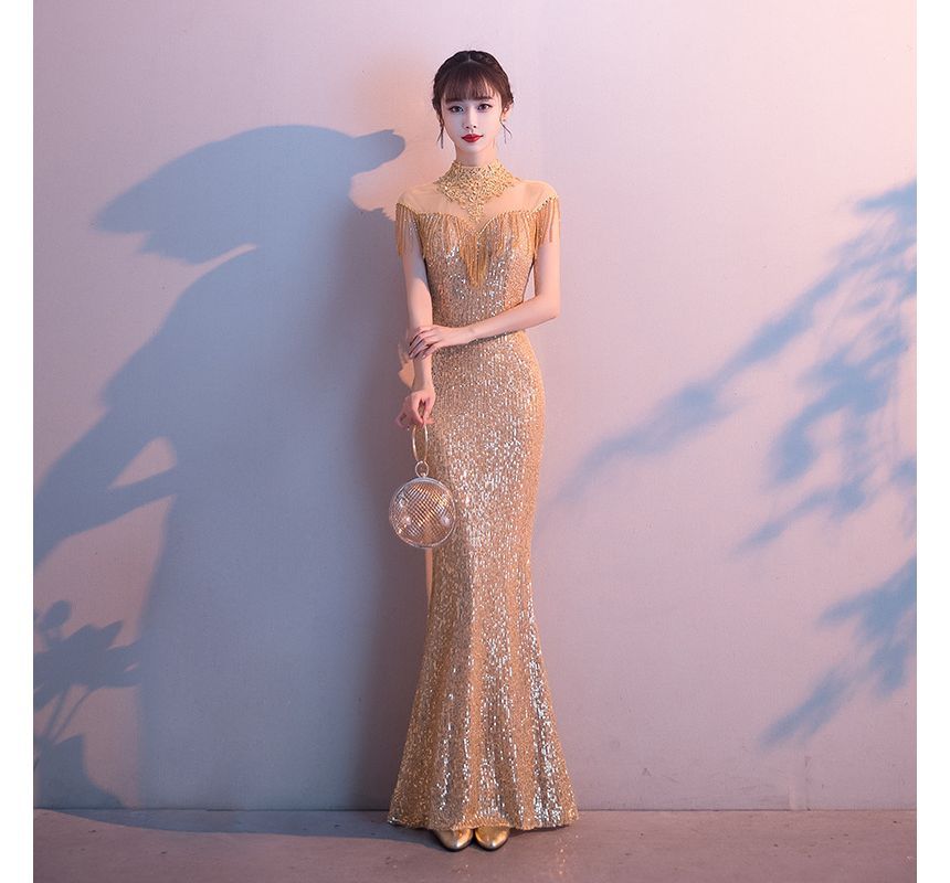 Mermaid Trim Glitter Evening Fringe Gown