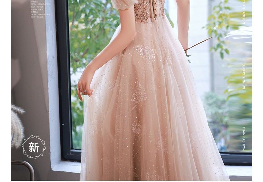 Short-Sleeve Gown Evening Rhinestone A-Line