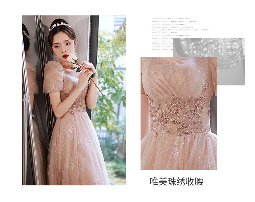 Short-Sleeve Gown Evening Rhinestone A-Line