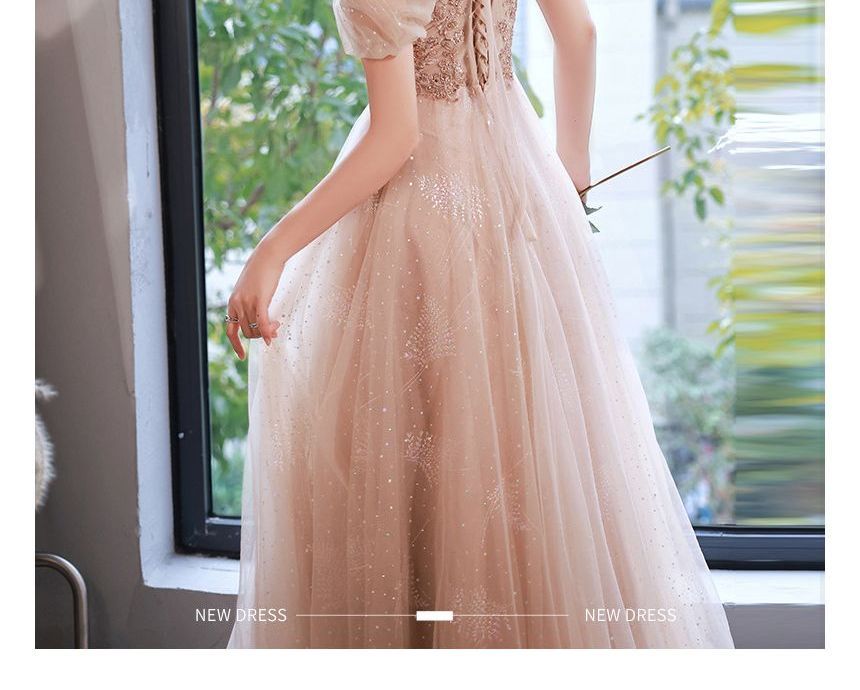 Short-Sleeve Gown Evening Rhinestone A-Line