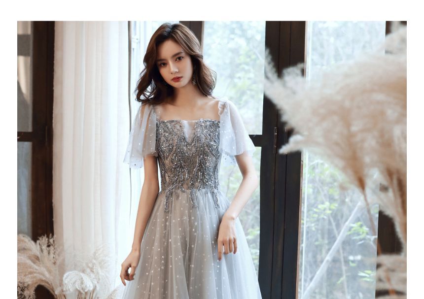 Mesh Evening A-Line / Cap-Sleeve Sequin Midi Gown Dress Panel
