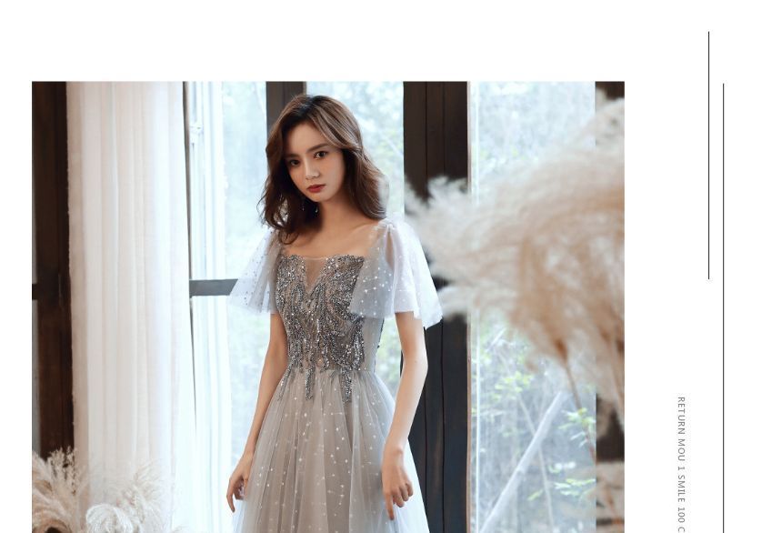 Mesh Evening A-Line / Cap-Sleeve Sequin Midi Gown Dress Panel