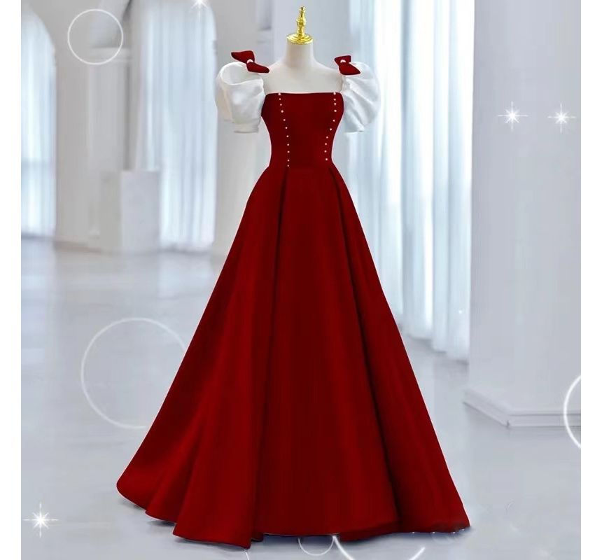 A-Line Gown Two Evening Puff-Sleeve Bow Tone