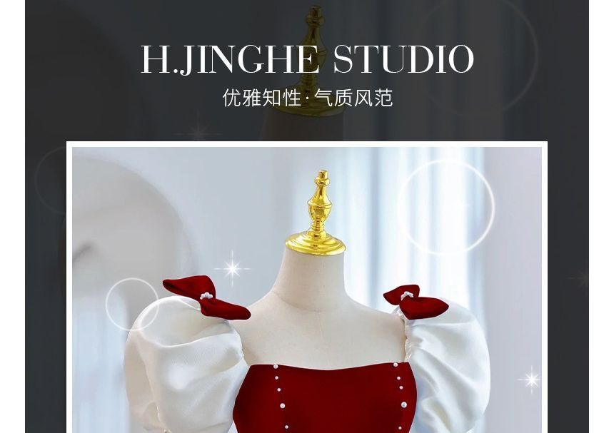 A-Line Gown Two Evening Puff-Sleeve Bow Tone