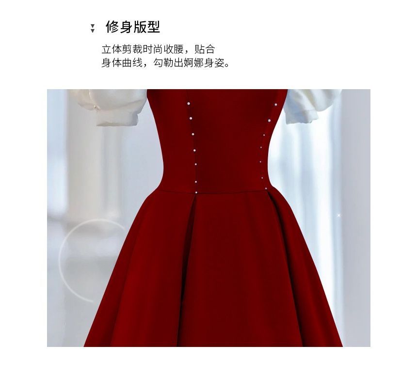 A-Line Gown Two Evening Puff-Sleeve Bow Tone