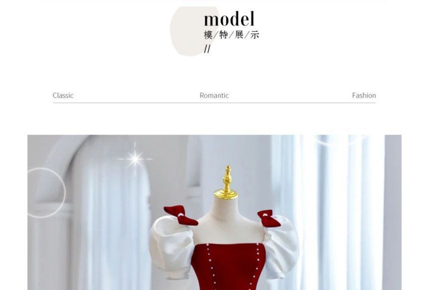 A-Line Gown Two Evening Puff-Sleeve Bow Tone