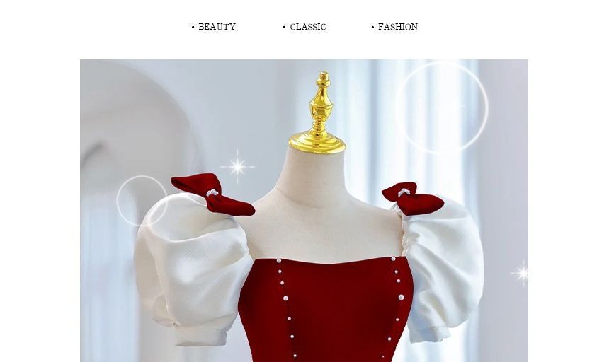 A-Line Gown Two Evening Puff-Sleeve Bow Tone