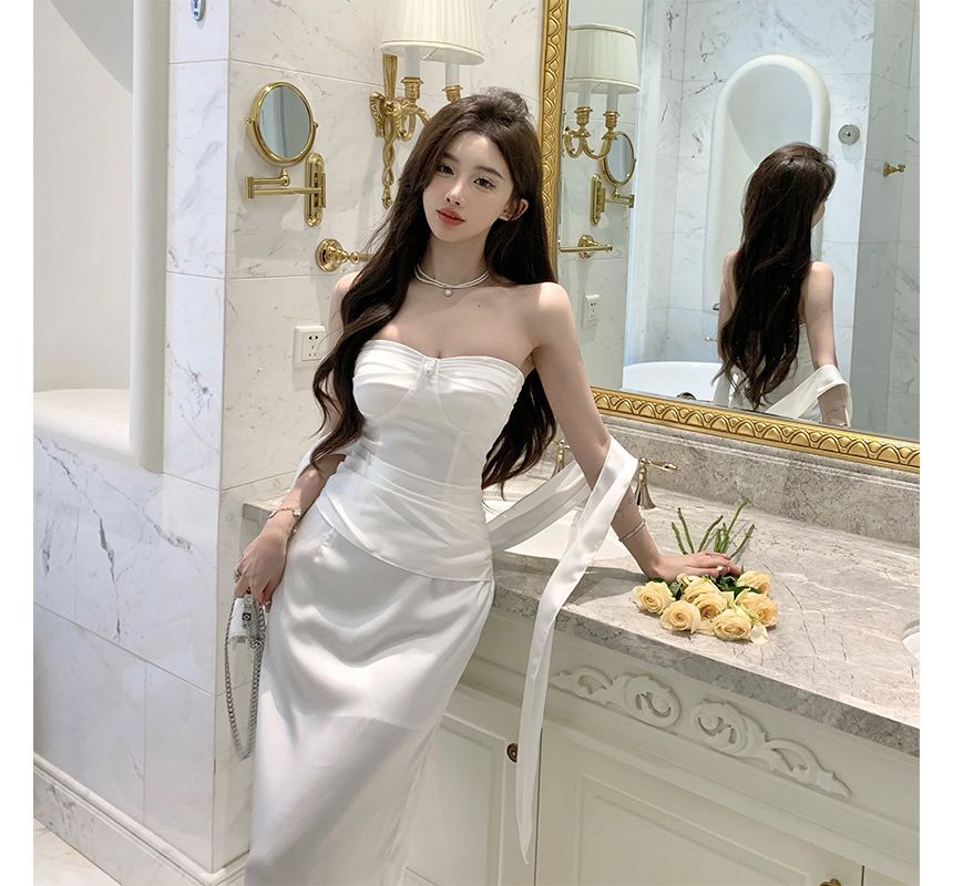 Evening Plain Strapless Gown Bodycon Shirred